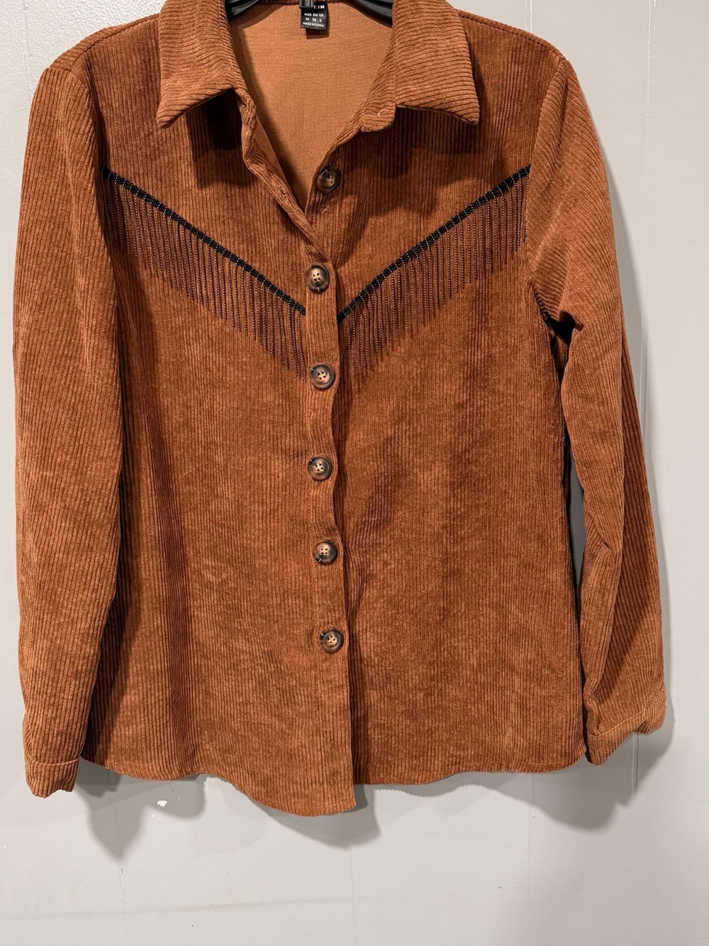 SHEIN Rust Corduroy Button-Front Jacket with Fringe Detail